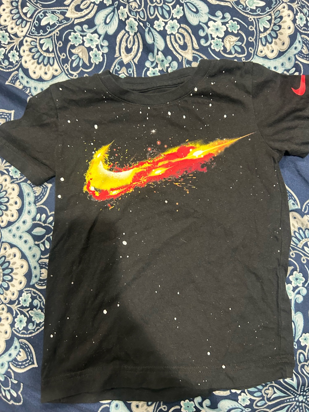 Nike Black Kids Short Sleeve Tee with Red and Yellow Graphic